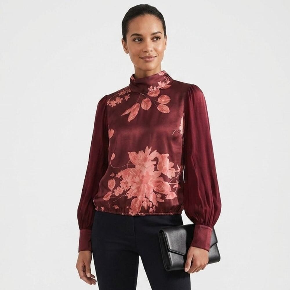 Spartina 449 Erinne Silk Blouse Top Womens L Etta Floral Bordeaux Long Sleeve